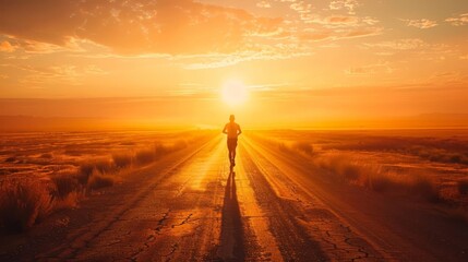 silhouette of runner on desert road at sunset inspirational fitness and motivation concept