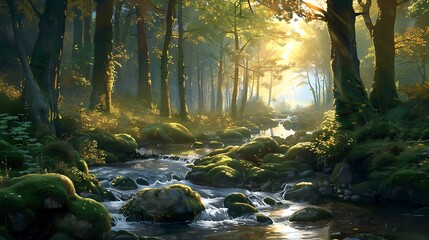 A serene woodland scene at dusk, where the last rays of sunlight filter through the dense foliage, casting a warm glow on the moss-covered rocks and tranquil stream below