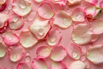 Beautiful rose petals in water on pink background, top view.