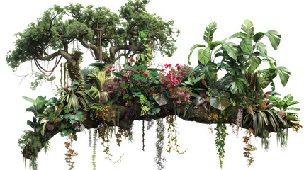 A lush jungle scene featuring a large, ancient tree with hanging vines and a variety of tropical flowers, isolated on transparent background