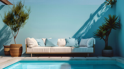 pool backyard with a light blue wall with a modern sofa