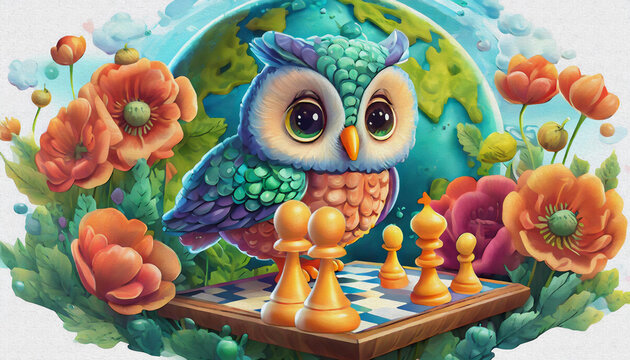 oil painting style CARTOON CHARACTER CUTE baby owl in game of chess 