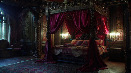 A hauntingly beautiful bedroom with a four-poster bed draped in rich, jewel-toned fabrics,...
