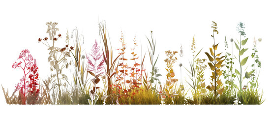 Botanical gradient display from aquatic plants to dry-loving grasses and wildflowers, illustrating different ecological zones, isolated on transparent background