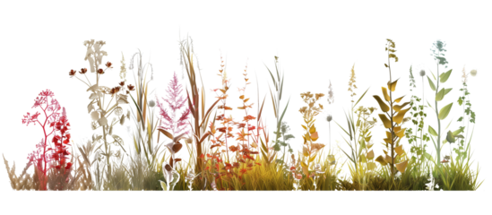 Botanical gradient display from aquatic plants to dry-loving grasses and wildflowers, illustrating different ecological zones, isolated on transparent background