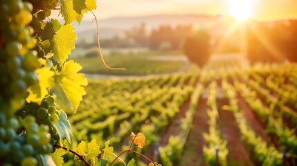 A sun-kissed vineyard, with rows of grapevines stretching to the horizon, and a blank frame nestled...