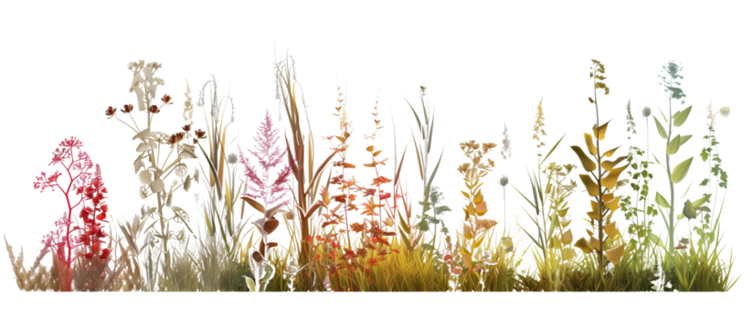Botanical gradient display from aquatic plants to dry-loving grasses and wildflowers, illustrating different ecological zones, isolated on transparent background