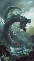 Leviathan depicted as a monstrous serpent twisting through a digital landscape