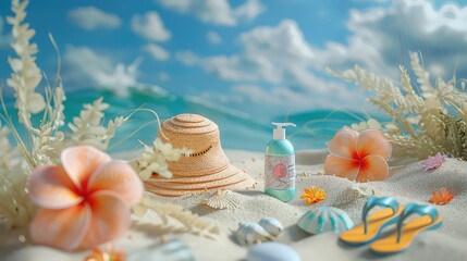A summer beach flat lay with a straw hat sunglasses sunscreen a beach towel and seashells arranged on a sandy background.