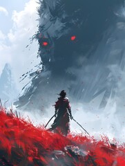 Lone Samurai Wielding Katana Stands Amidst Vibrant Red Field in Moody Fantasy Landscape