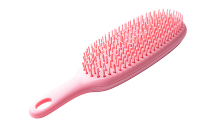 A pink hair brush rests on a white table