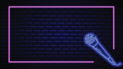 Neon microphone. Glowing border frame. Isolated on brick background. Vector realistic. Microphone frame logo. Concept of night club, live music and karaoke bar. karaoke, live music, stand up, comedy.  © saumya