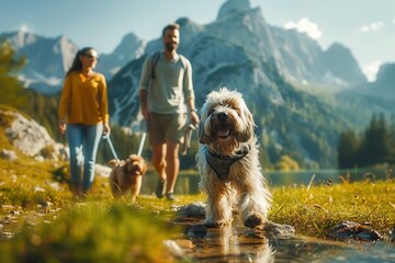 A Joyful Family and Their Loyal Dog Enjoying a Scenic Walk on a Grassy Meadow Against a Majestic Mountain Backdrop