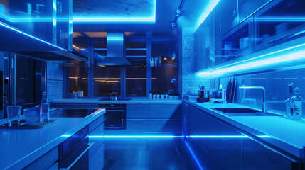 A futuristic kitchen bathed in blue neon light, showcasing sleek countertops and high-tech appliances.