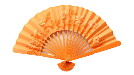 An orange fan adorned with vibrant flowers and delicate petals in a whimsical design