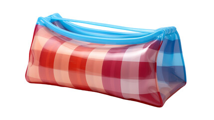 A vibrant red and blue bag rests casually on a pristine white table