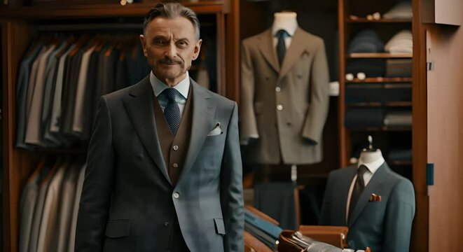 A well-dressed man exuding confidence in a bespoke tailoring shop full of elegant attire. Concept Fashion, Confidence, Bespoke Tailoring, Elegant Attire, Men's Style