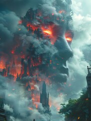 Surreal Apocalyptic Cityscape Engulfed in Flames and Chaos