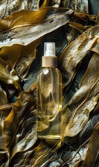 A spray bottle on a glossy textured backdrop that resembles golden leaves