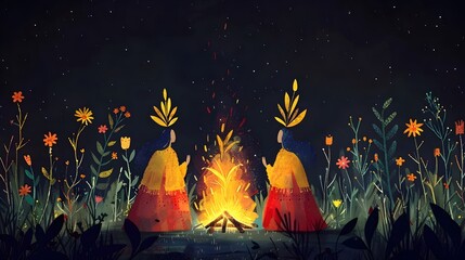 Surreal Ritual of Dancing and Chanting Around Glowing Bonfire to Invoke Ancestral Spirits