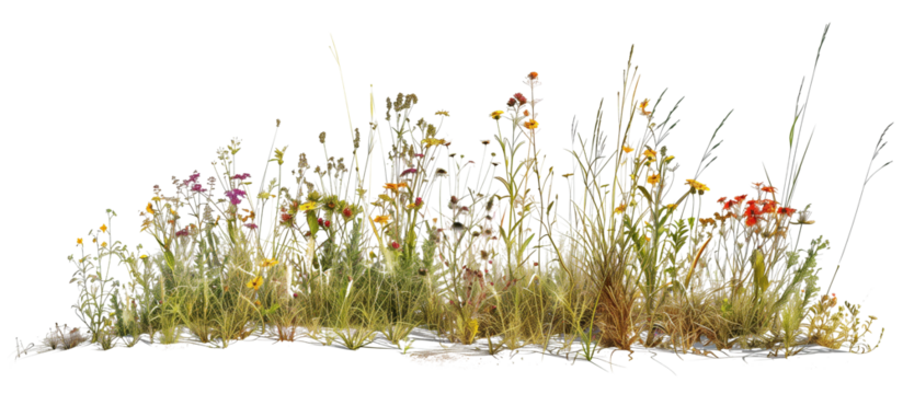 Patch of wildflowers and native grasses along a rural roadside, enhancing the natural landscape, isolated on transparent background