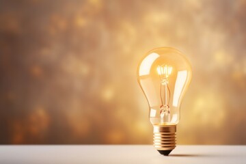 Tan backdrop with illuminated lightbulb on a white platform symbolizing ideas and creativity business concept creative thinking innovation new idea