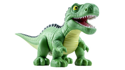 A vibrant green toy dinosaur, with its mouth wide open in a roaring gesture