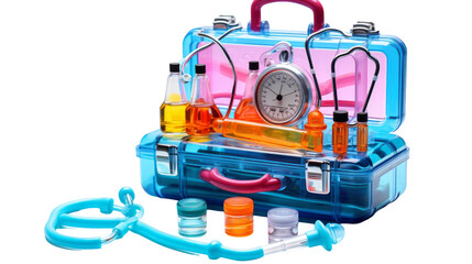 A blue case filled with medical supplies beside a clock, set against a neutral background