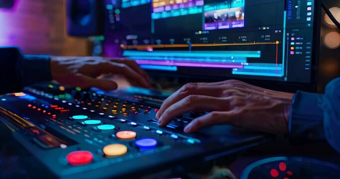 Video editing. Close-up view of a video editor's hands meticulously working on software timeline with colorful tracks