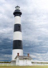 Coastal Lighthouse in Storm. Pea Island, North Carolina, Outerbanks, Spring. 