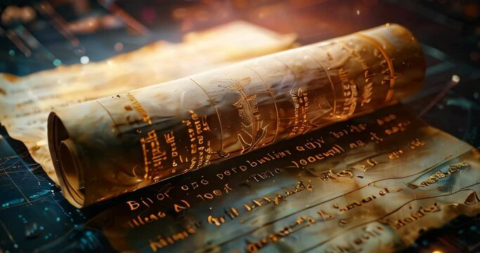 Mystic scroll on a hi-tech circuit board, blending ancient knowledge with modern technology.