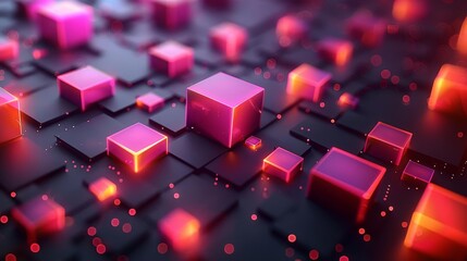 An abstract 3D rendering of a glowing pink and black geometric landscape