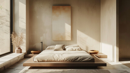 A serene bedroom with a platform bed, minimalist nightstands, and a single abstract canvas.