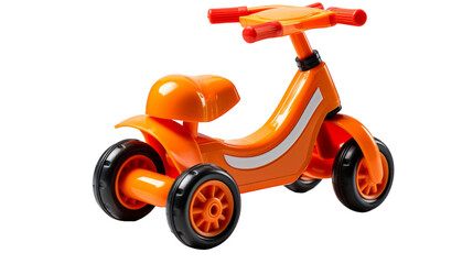 An orange toy tricycle with a red handlebar stands out against a plain background