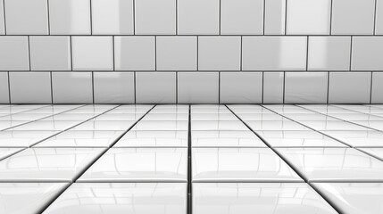   A white tiled wall and floor featuring interconnected white tile sections