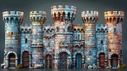 A set of medieval castle towers. Fairytale mansion exteriors, castles with gates and fortified palaces. Old ancient gothic tower fortress or fairy citadel cartoon modern isolated icons.