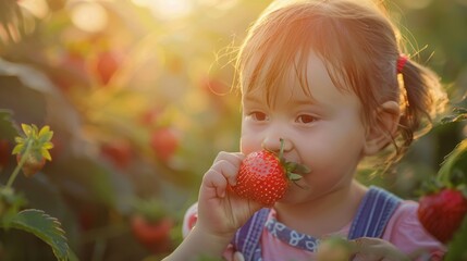 A toddler is happily eating a fresh strawberry in a field, surrounded by grass and nature. Her smile reflects the joy of tasting natural food, sharing the moment with people in the outdoors AIG50