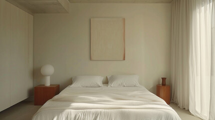 A serene bedroom with crisp white linens, minimalist furniture, and a vibrant abstract canvas.