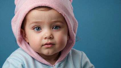 close up baby girl isolated on blue background