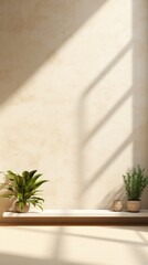 Tan minimalistic abstract empty stone wall mockup background for product presentation. Neutral industrial interior with light, plants, and shadow 