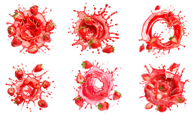 A series of images showcasing dynamic splashes of red liquid with strawberries seemingly suspended within them against a teal background