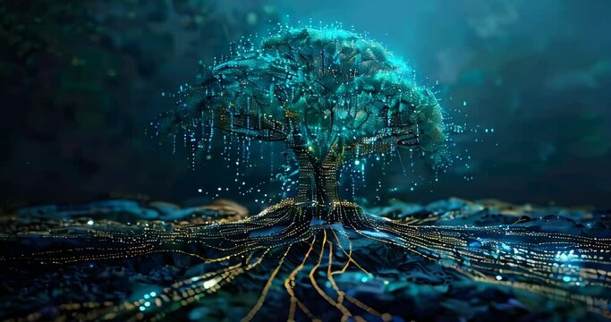 Surreal digital tree with glowing data points, merging nature with tech in a stunning, abstract concept of environmental data integration.