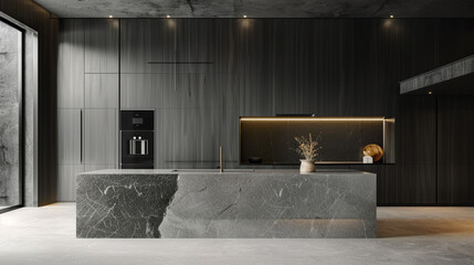 A sleek and modern kitchen with minimalist cabinetry, a waterfall island, and a bold abstract backsplash.