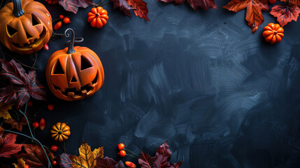 Happy Halloween. Party invitation banner or background with pumpkins and bats on a black background, space for text, top view.