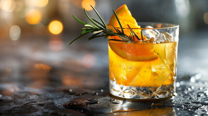 Citrus Cocktail with Rosemary and Ice in a Classic Glass