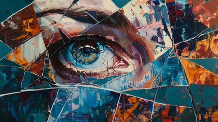 An acrylic painting of a shattered mirror reflecting fragmented images of the viewer, symbolizing the complexity of the human psyche.