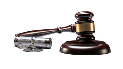 A wooden judges gavel rests next to a gleaming silver ring, symbolizing justice and authority