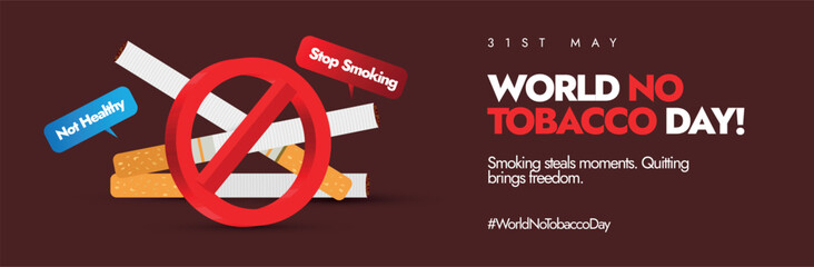 World No Tobacco Day. 31st May World No tobacco day celebration cover banner, post with banned sign on cigarettes. The theme for 2024 is Protecting children from tobacco industry interference. 