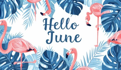 "Hello June" summer theme with tropical leaves and flamingos, pastel colors, text in bold letters Generative AI