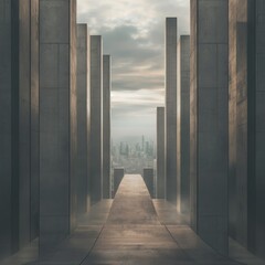 Naklejka premium Monumental concrete pillars with cityscape